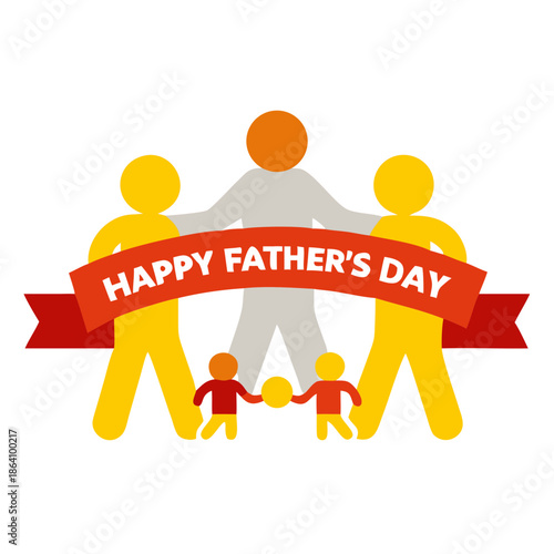 Happy Father's Day banner. Group of fathers and grandfather walking with children in the park. Modern flat vector illustration of dads holding kids, baby, and toddler. Parenting and male care concept.