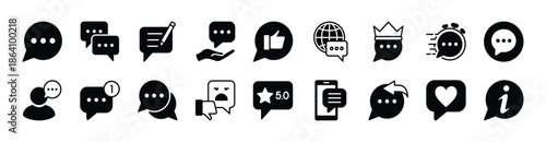 Social media comment icon vector set. Contains Speech bubble, conversation, talk, write, feedback, fast response, inbox, satisfaction, information, like button, global communication - illustration