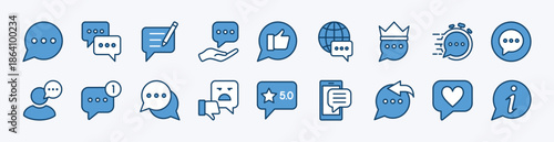Set of social media comment icon. Contains Speech bubble, conversation, talk, write, feedback, fast response, inbox, satisfaction, information, like button, global communication - vector illustration
