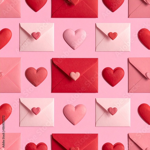 A seamless pattern of colorful envelopes with heart-shaped seals, set against a soft pink background. Perfect for Valentine’s Day or romantic designs.