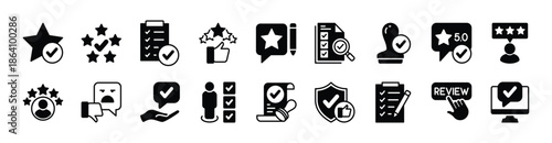Rating and review icon vector set. Contains five stars, checkmark, checklist, confirm button, approval, security, stamp, skills, data analysis, verified profiles, certification, network comment