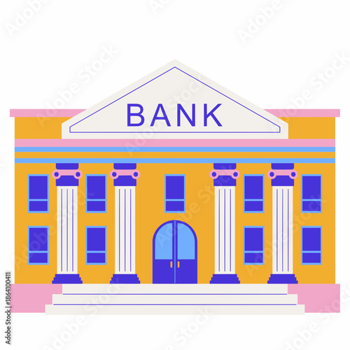 Illustration of a yellow bank building with blue accents and white columns.