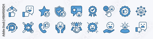 Set of customer satisfaction icon. Contains feedback, rating, review, support, five stars, thumb up, good service and quality communication, client experience, trust, smile emoji - vector illustration