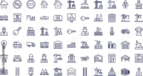 Construction and building outline icon set featuring cranes, workers, factories, houses, and industrial infrastructure symbols