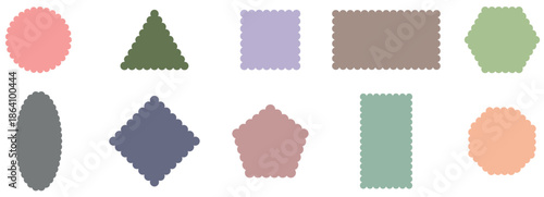 Set or colorful rectangular, oval, circle shapes with squiggly borders. Abstract elements for tag, stickers. Zig zag Wavy Edge. Geometric shapes with scallop. 