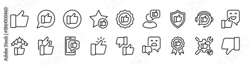 Thumb up and thumb down icon button set. Like and dislike, yes and no, good and bad. Contains service and support, security, communication, badge, social media conversation - vector illustration