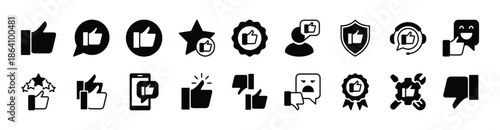 Thumb up and thumb down icon button set. Like, dislike, yes, no, good, bad, confirm, approve. Contains service and support, security, communication, badge, social media conversation - vector
