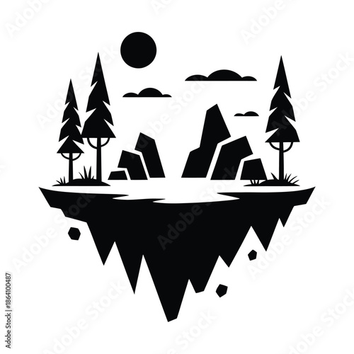 Majestic floating island with trees and mountains in surreal landscape showcasing tranquility and nature in scenic outdoor paradise getaway