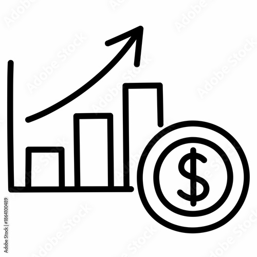 A bar graph with an upward trend and a dollar coin shows financial growth.