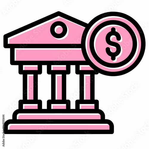 An illustration depicts a pink bank building with a coin and dollar sign.