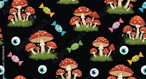 Whimsical and spooky seamless pattern with amanita mushrooms, colorful wrapped candies, and floating eyeballs on a solid black background.