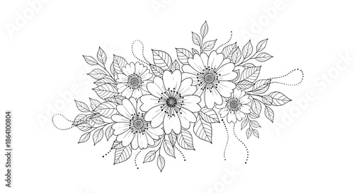 Elegant black and white floral arrangement with detailed flowers and leaves, drawn in a delicate line art and dotwork tattoo style.
