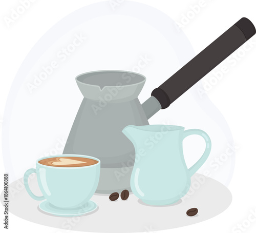 Still life illustration with traditional cezve coffee pot, blue cappuccino cup, cream jug and coffee beans. Composition with beverage and barista equipment