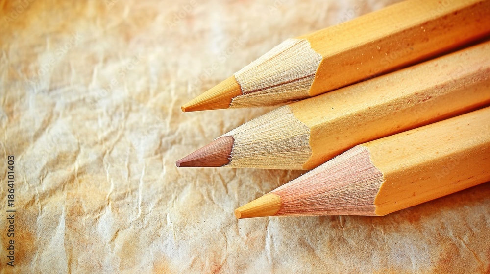 Obraz premium A close up view of three unsharpened wooden graphite pencils with pointed tips resting on a textured beige paper background