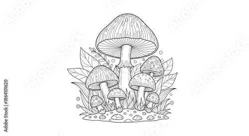 Detailed black and white line art illustration of various mushrooms growing in the grass, suitable for a nature-themed coloring page.