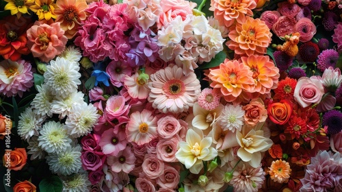 Floral background with beautiful chrysanthemums, roses, wildflowers. Wedding decoration, texture for the holiday.