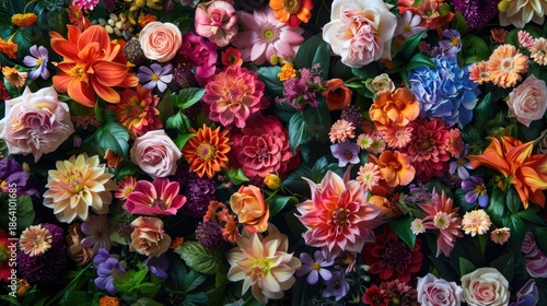 Floral background with beautiful chrysanthemums, roses, wildflowers. Wedding decoration, texture for the holiday.