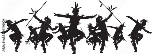 a silhouette of native american dancers performing a traditional ceremonial dance with raised weapons