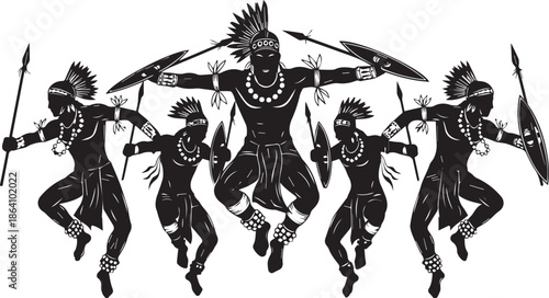 A striking black and white illustration depicting five native american warriors in ceremonial dance