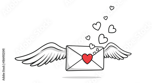 Hand-drawn doodle of a flying love letter with angel wings and a red heart seal, spreading love on Valentine's day, on a white background.