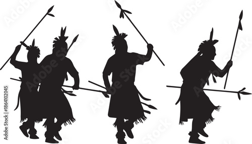 Silhouettes of native american warriors with spears and feathered headdresses in a dynamic pose