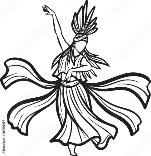 A striking black and white illustration of a woman in traditional native american attire dancing