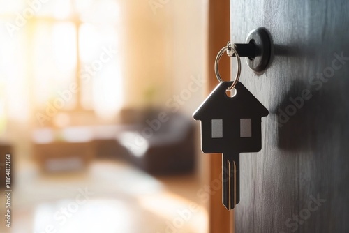 Key with house shaped keychain in door lock with modern living room in background shows moving to new home or renting a property in a private house setting