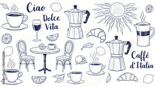 Coffee and Tea Doodle Icons Set – Hand Drawn Cafe Drinks, Cups & Accessories Illustration