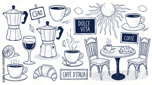 Cafe Coffee Doodle Illustration Set – Hand Drawn Coffee Shop Vector Collection