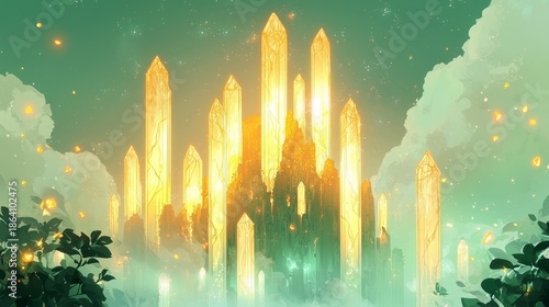 A large building made of crystal blocks with a green sky in the background. The building is surrounded by trees and has a bright, sunny atmosphere