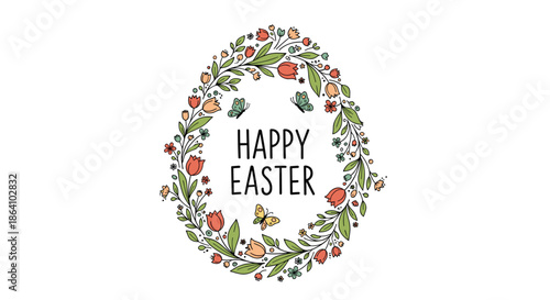 Happy Easter text inside an egg-shaped floral wreath made of tulips, leaves, and butterflies, drawn in a charming hand-drawn style.