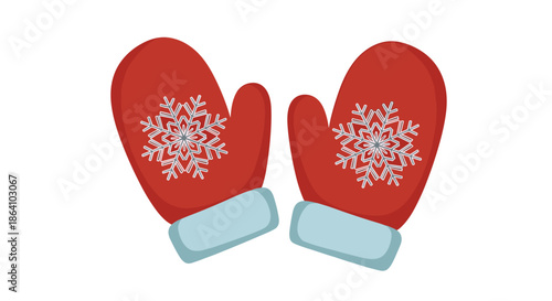 Pair of cozy red winter mittens with light blue cuffs, each decorated with a delicate white snowflake, isolated on a white background.