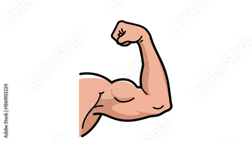 Detailed Cartoon Muscular Arm Flexing Bicep Representing Strength on an Isolated White Background