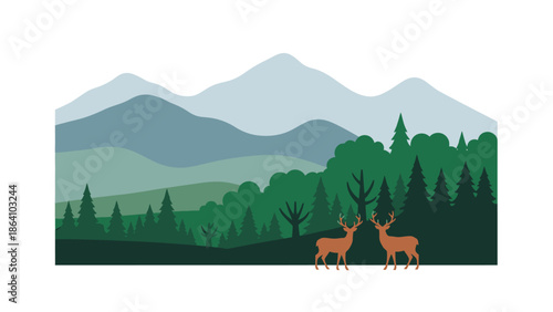 Serene Mountain Landscape with Evergreen Forest and Two Wild Deer Standing in Tranquil Nature