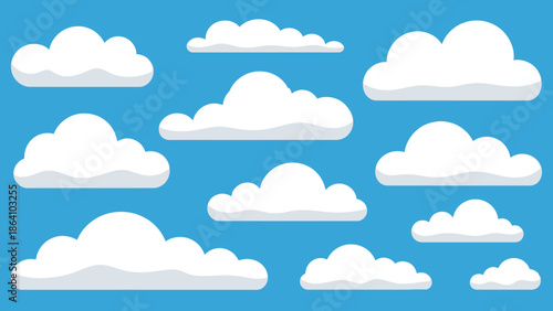 Assortment of White Fluffy Cartoon Clouds Floating in a Vibrant Blue Sky