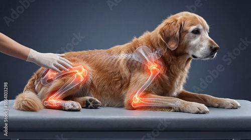 Veterinary examination of a senior dog's joint pain on a medical table