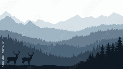 Serene forest landscape with deer and distant mountains, natural wilderness scene.