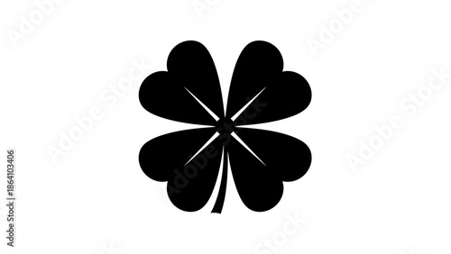 Black four leaf clover silhouette, symbol of good fortune and luck, isolated white background.