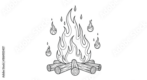 Hand-drawn black and white illustration of a roaring campfire with logs, flames, and sparks, in a detailed vintage engraving style.