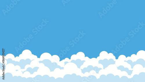 Bright blue sky with stylized white fluffy clouds, clear weather background.