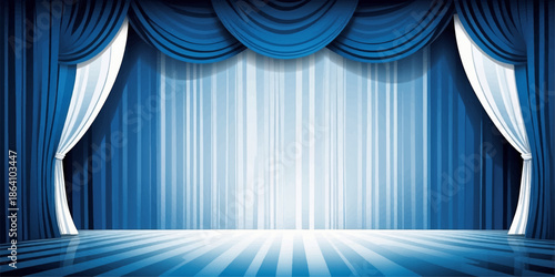 Blue stage curtains with a spotlight illuminate a velvet theater backdrop for a cinematic opera performance or entertainment event