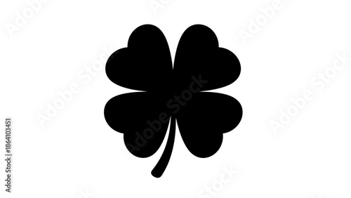 Black four leaf clover silhouette, lucky charm symbol, isolated white background.