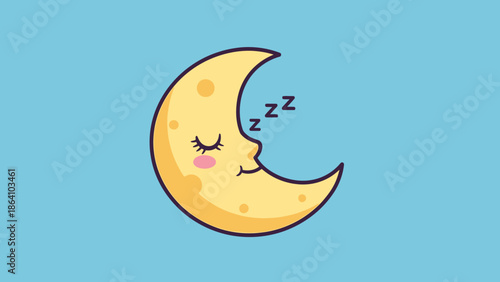 Cute cartoon sleeping moon with ZZZ symbols in a light blue night sky, peaceful rest.