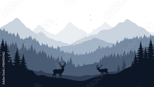 Mysterious forest landscape with deer standing amidst pine trees and mountains, nature tranquility.