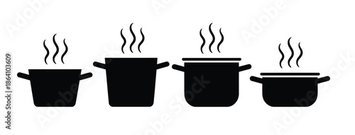 Kitchen cooking pots vector icon set, featuring saucepans, stock pots, lids, cookware silhouettes, minimal kitchen utensils, modern flat design elements,