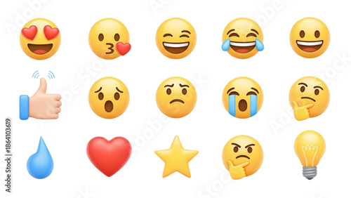 Collection of diverse emojis expressing various emotions and reactions on a plain white background