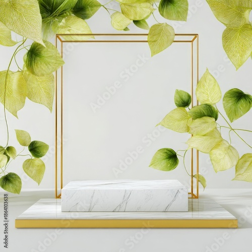 A white and gold frame with a green leafy background. The frame is empty and the background is filled with green leaves