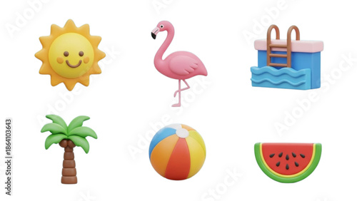 A vibrant summer scene featuring a flamingo, watermelon, and beach ball by the pool