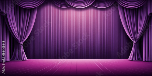 Purple and red velvet stage curtains with a bright spotlight shining on the theater floor for a grand performance or entertainment event presentation backdrop
