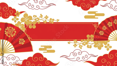 Elegant Chinese New Year vector banner featuring traditional folding fans, stylized clouds, and floral ornaments with clean copy space for festive greetings and advertising use